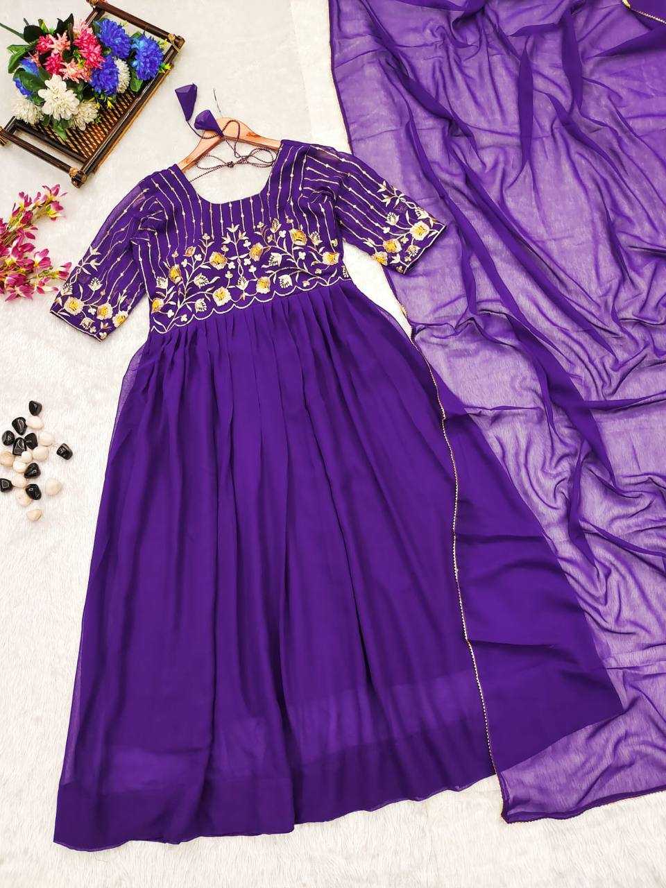 YNF GEORGETTE KESH232 906 GOWNS WHOLESALE EMBROIDERED LONG GEORGETTE PURPLE GOWNS MANUFACTURER