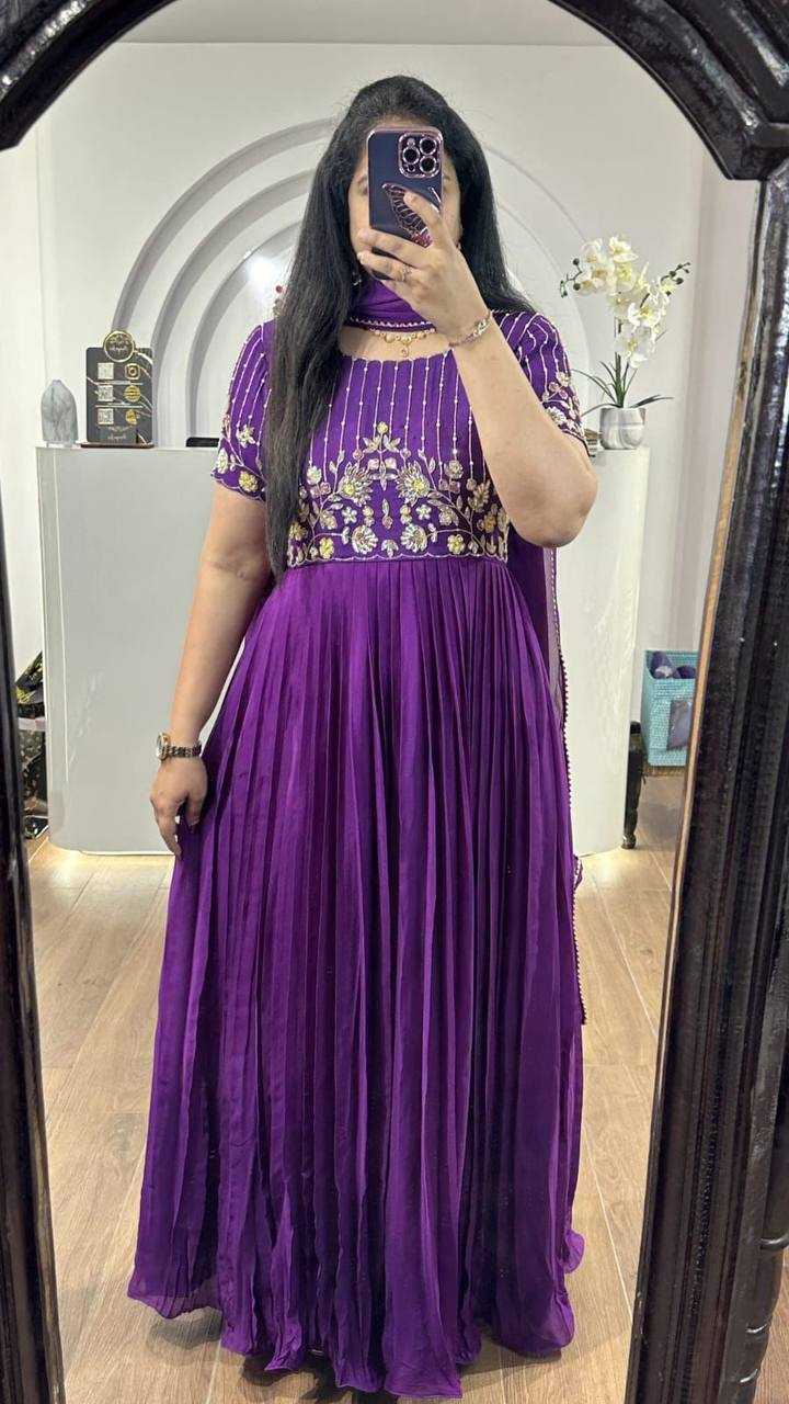 YNF GEORGETTE KESH232 906 GOWNS WHOLESALE EMBROIDERED LONG GEORGETTE PURPLE GOWNS MANUFACTURER