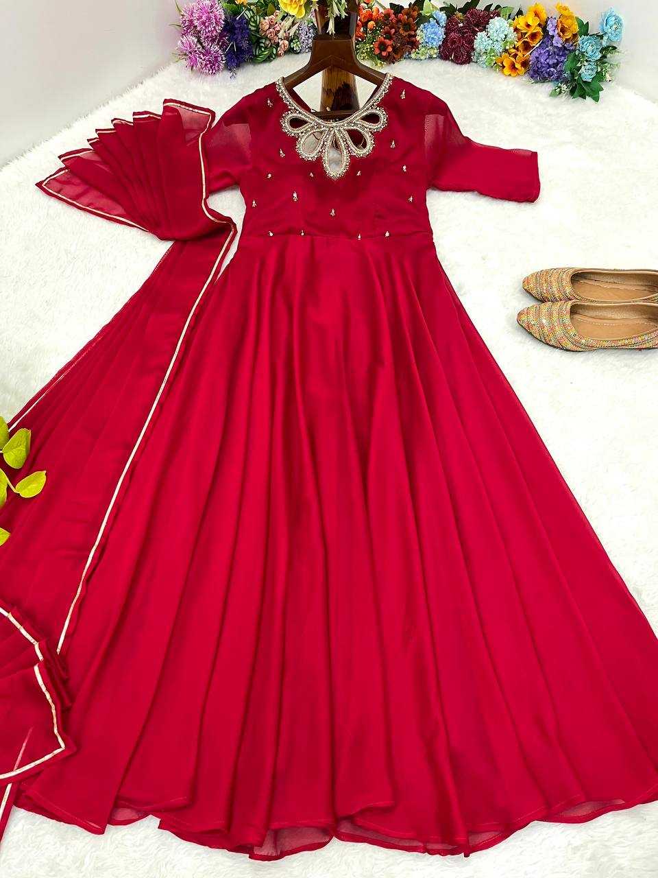 YNF GEORGETTE KESH240 393 GOWNS WHOLESALE LONG GEORGETTE RED GOWNS MANUFACTURER