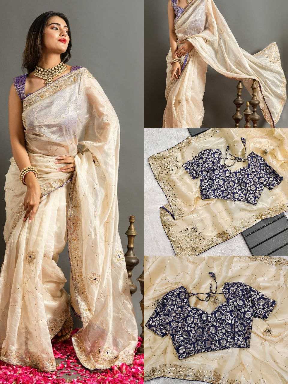 YNF JIMMY CHOO KESH188 9210 SAREES WHOLESALE JIMMY CHOO SEQUENCE EMBROIDERED WHITE SILK SAREES MANUFACTURER