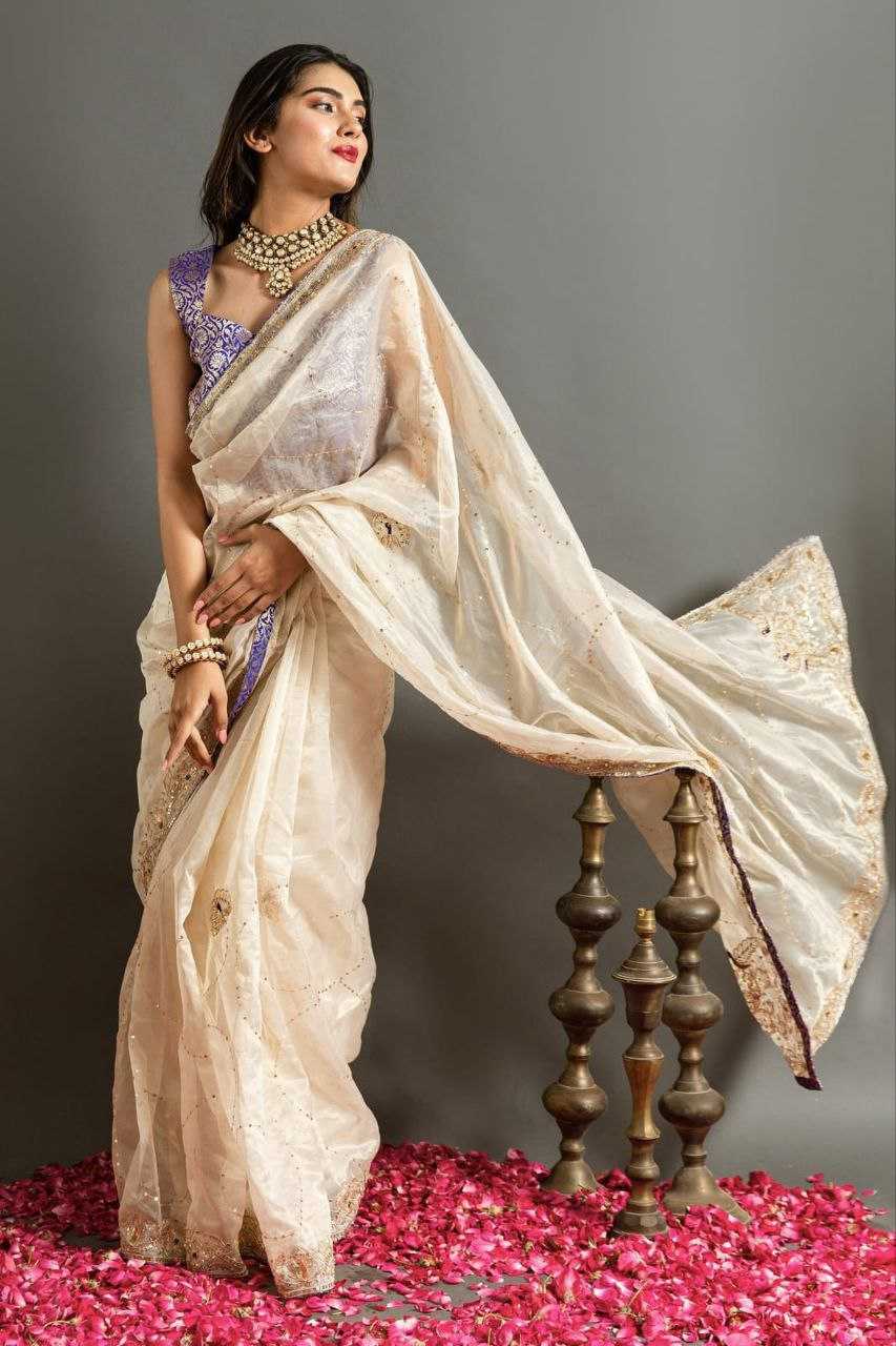 YNF JIMMY CHOO KESH188 9210 SAREES WHOLESALE JIMMY CHOO SEQUENCE EMBROIDERED WHITE SILK SAREES MANUFACTURER