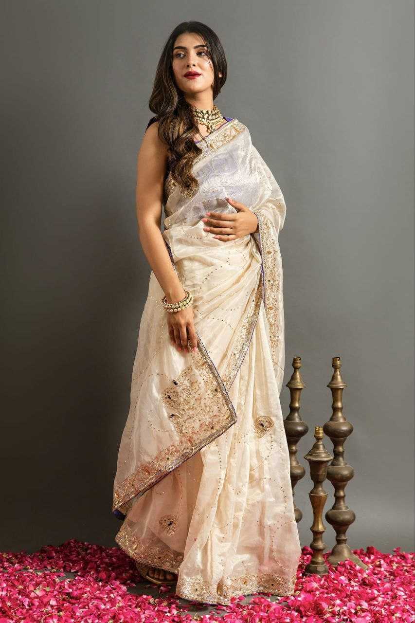 YNF JIMMY CHOO KESH188 9210 SAREES WHOLESALE JIMMY CHOO SEQUENCE EMBROIDERED WHITE SILK SAREES MANUFACTURER