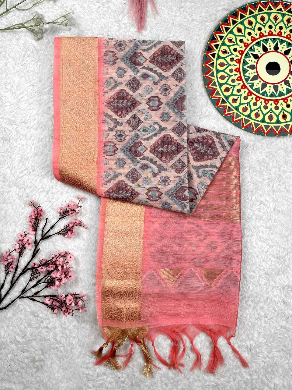 YNF LINEN KESH165 RBN22 SAREES WHOLESALE FLORAL COTTON LINEN ZARI BORDER SAREES MANUFACTURER