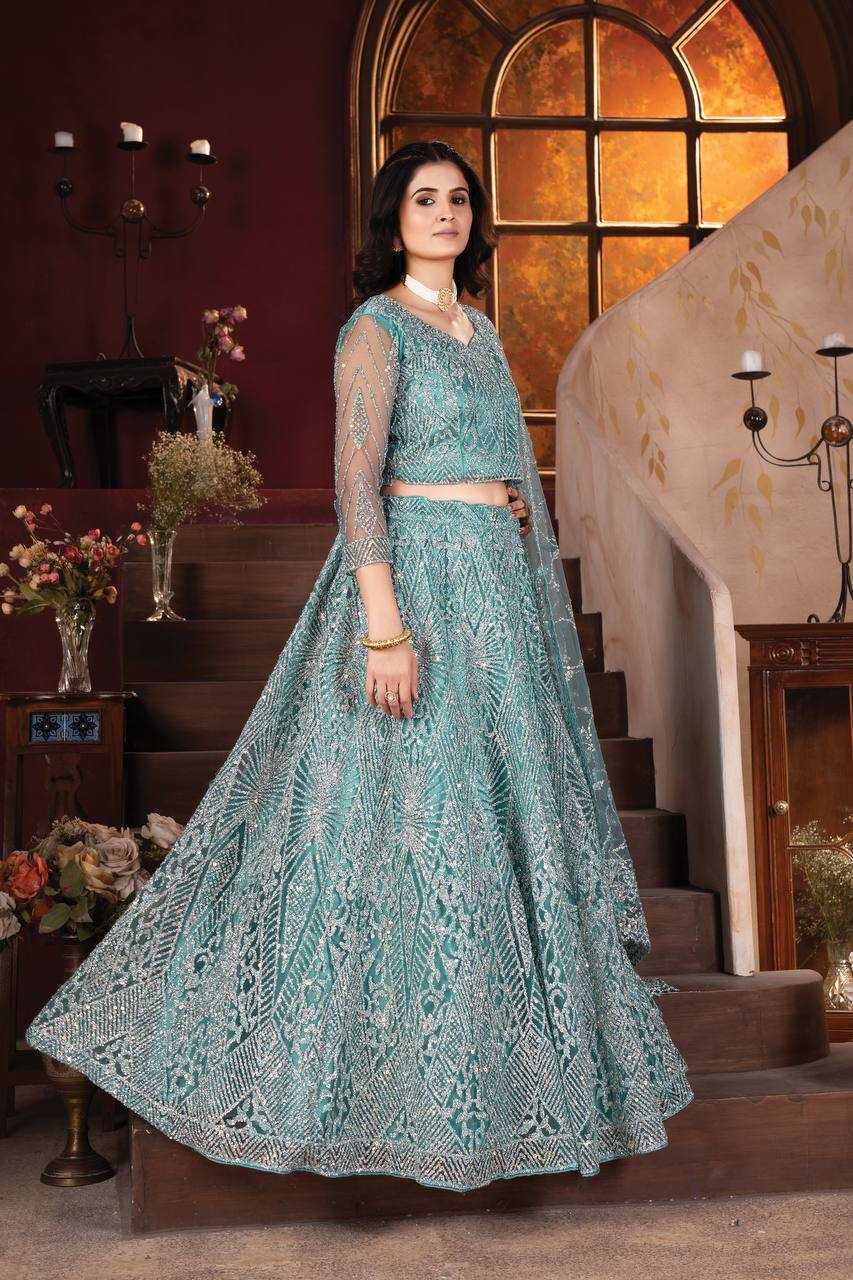 YNF NET RIN114 5027 LEHENGAS WHOLESALE DESIGNER NET FANCY EMBROIDERED BLUE LEHENGAS MANUFACTURER