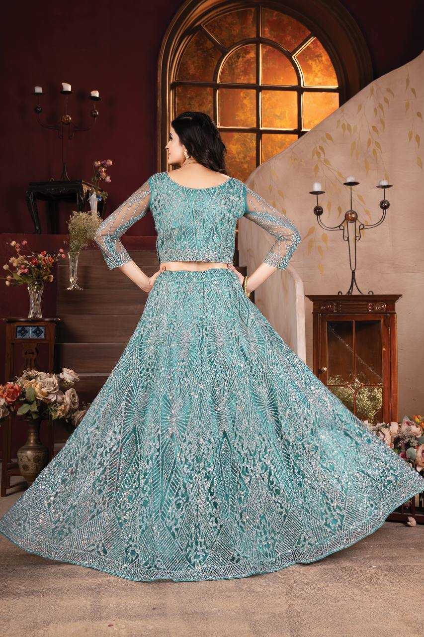 YNF NET RIN114 5027 LEHENGAS WHOLESALE DESIGNER NET FANCY EMBROIDERED BLUE LEHENGAS MANUFACTURER