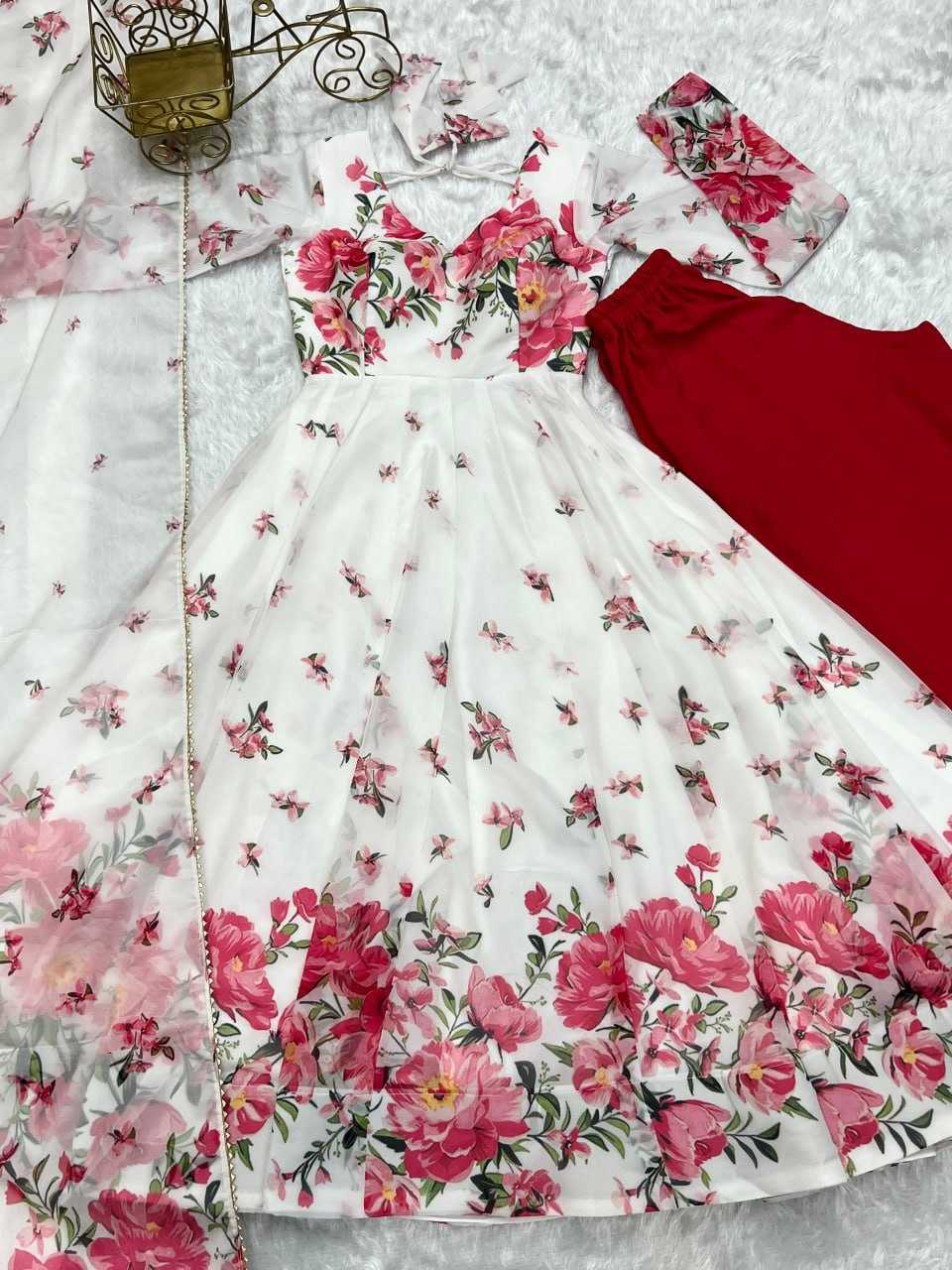 YNF ORGANZA SILK KESH229 38 GOWNS WHOLESALE PRINTED ANARKALI LONG SILK GOWNS WITH DUPATTA FULL SLEEVE WHITE GOWNS MANUFACTURER