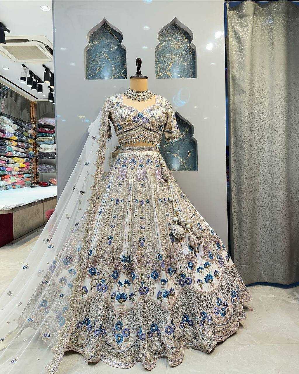 YNF SATIN SILK RIN108 1686 LEHENGAS WHOLESALE DESIGENR SILK WEDDING SEQUIND WHITE LEHENGAS MANUFACTURER