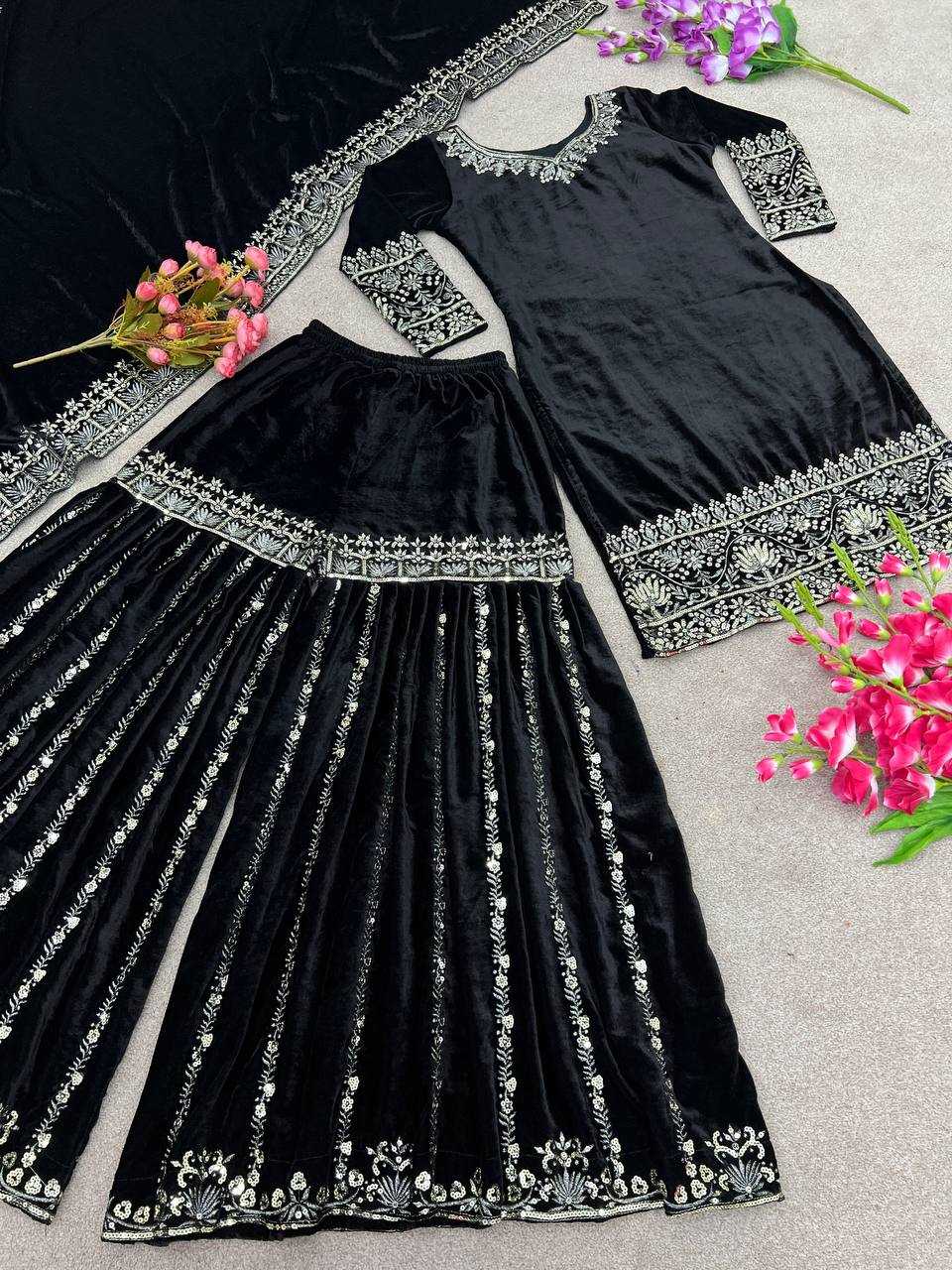 YNF VELVET KESH121 430 SUITS & DRESSES WHOLESALE SHARARA SALWAR EMBROIDERY VELVET BLACK SALWAR SUITS MANUFACTURER