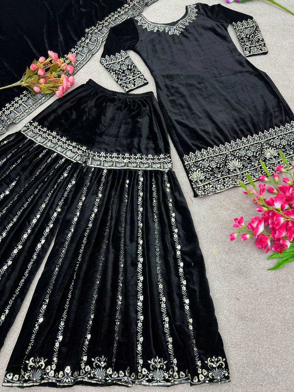 YNF VELVET KESH121 430 SUITS & DRESSES WHOLESALE SHARARA SALWAR EMBROIDERY VELVET BLACK SALWAR SUITS MANUFACTURER