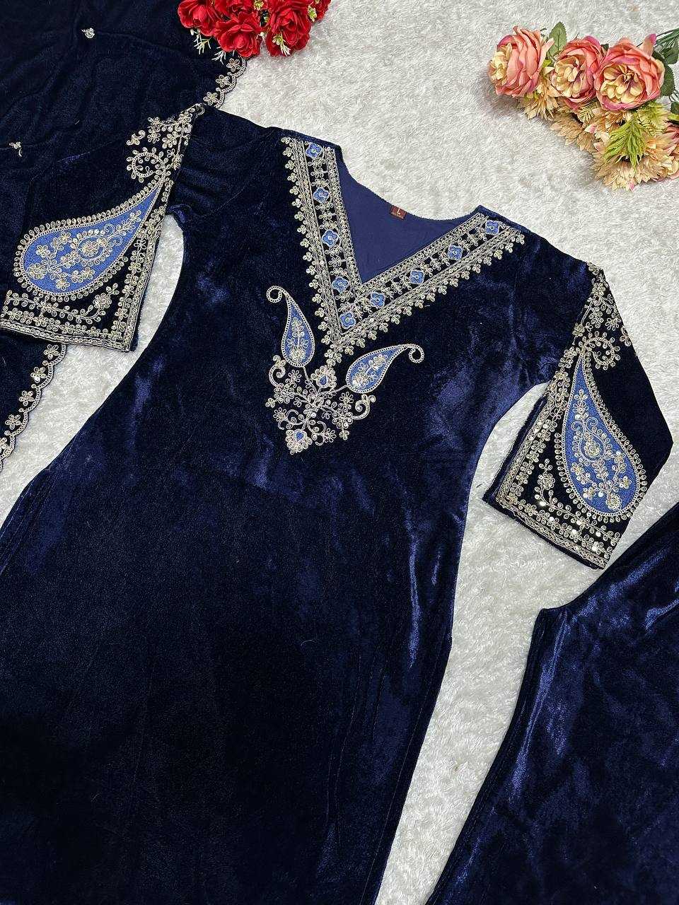 YNF VELVET KESH147 230 SUITS & DRESSES WHOLESALE EMBROIDERY VELVET BLUE SALWAR LONG KURTI SUITS MANUFACTURE