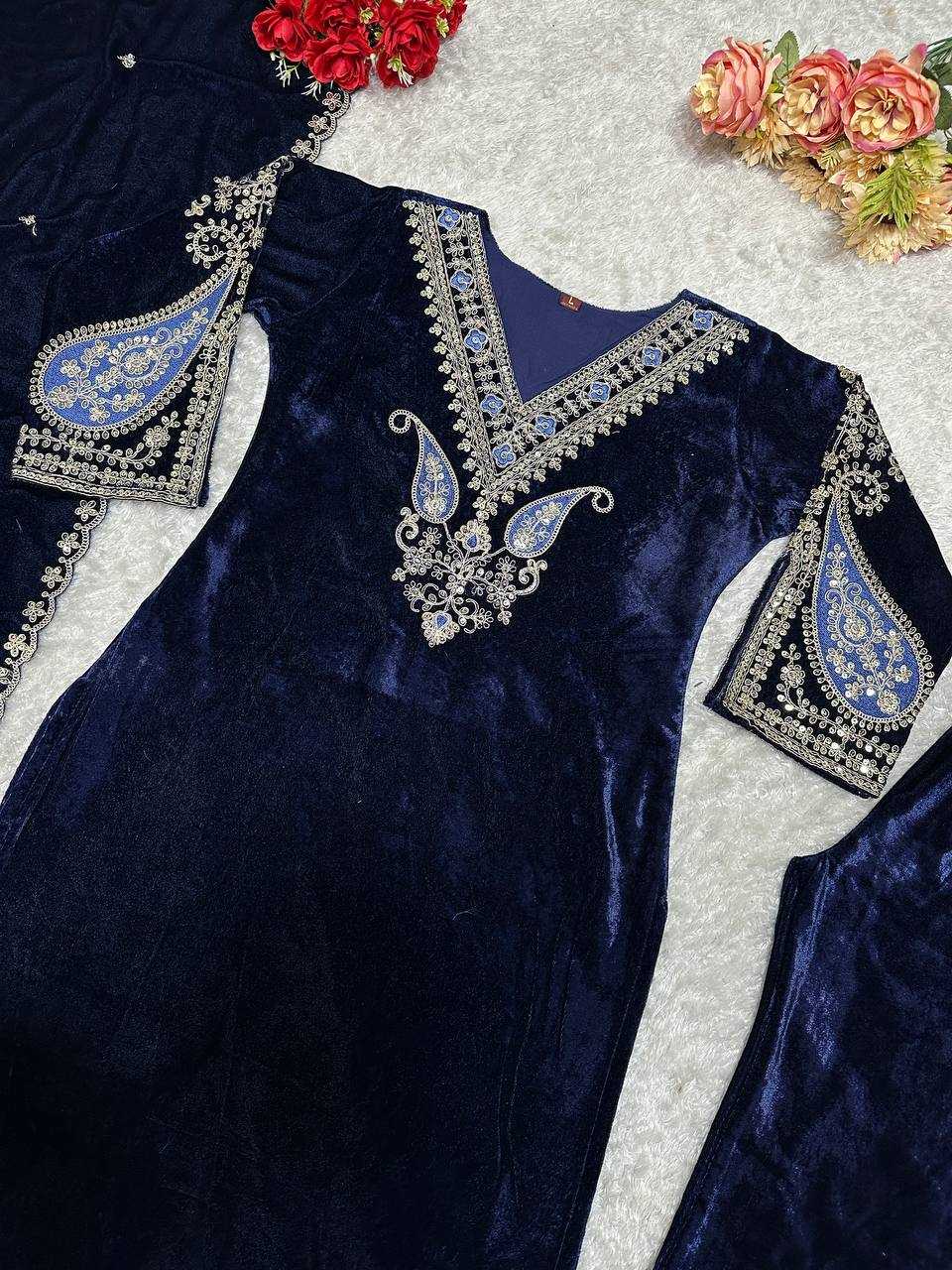 YNF VELVET KESH147 230 SUITS & DRESSES WHOLESALE EMBROIDERY VELVET BLUE SALWAR LONG KURTI SUITS MANUFACTURE