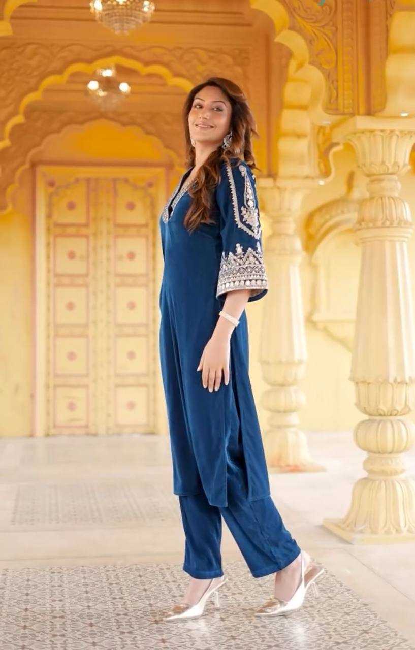 YNF VELVET KESH148 051 KURTIS WHOLESALE EMBROIDERED V NECK 3/4 SLEEVE KURTI WITH PANT BLUE KURTIS MANUFACTURER