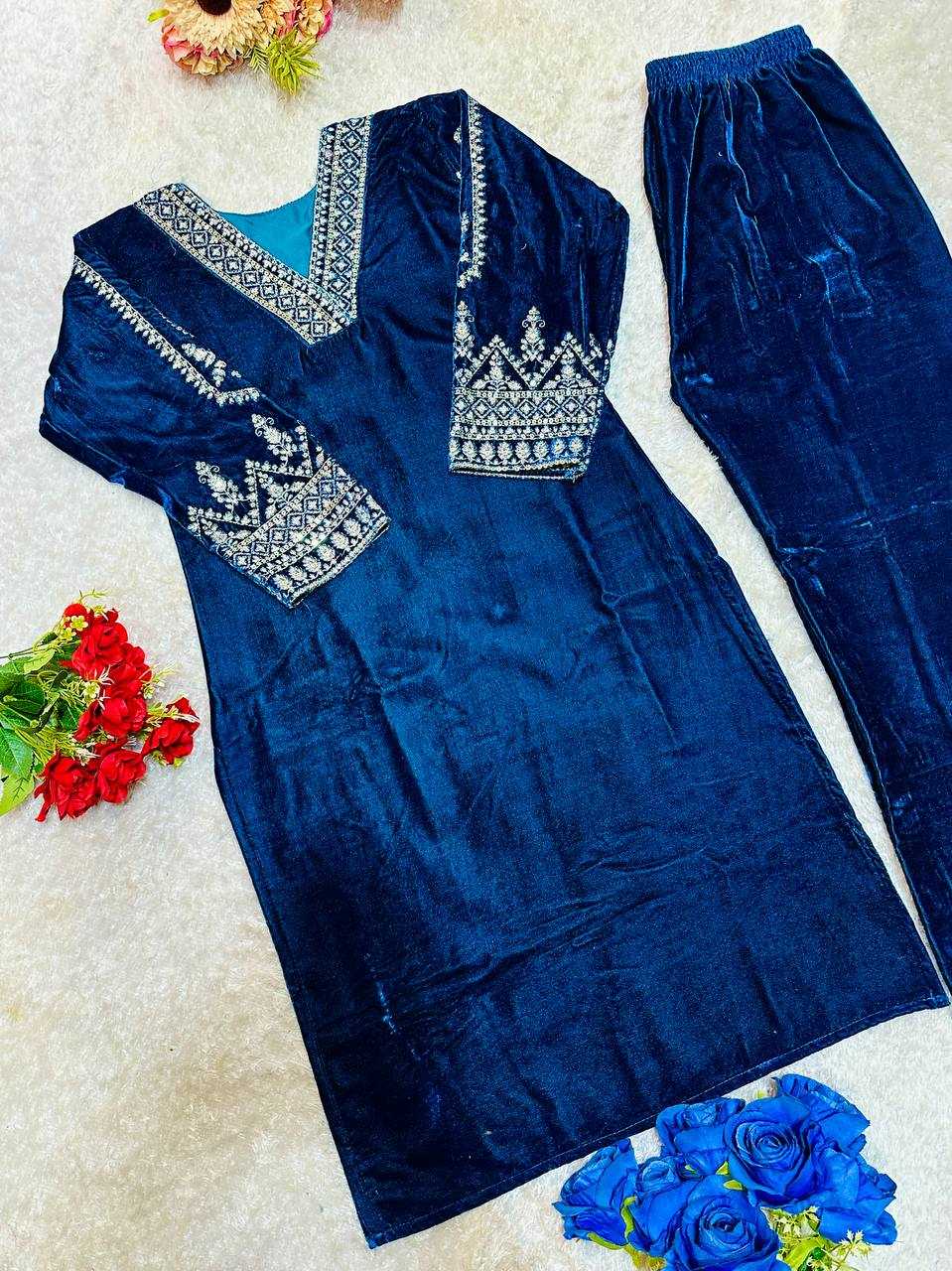 YNF VELVET KESH148 051 KURTIS WHOLESALE EMBROIDERED V NECK 3/4 SLEEVE KURTI WITH PANT BLUE KURTIS MANUFACTURER