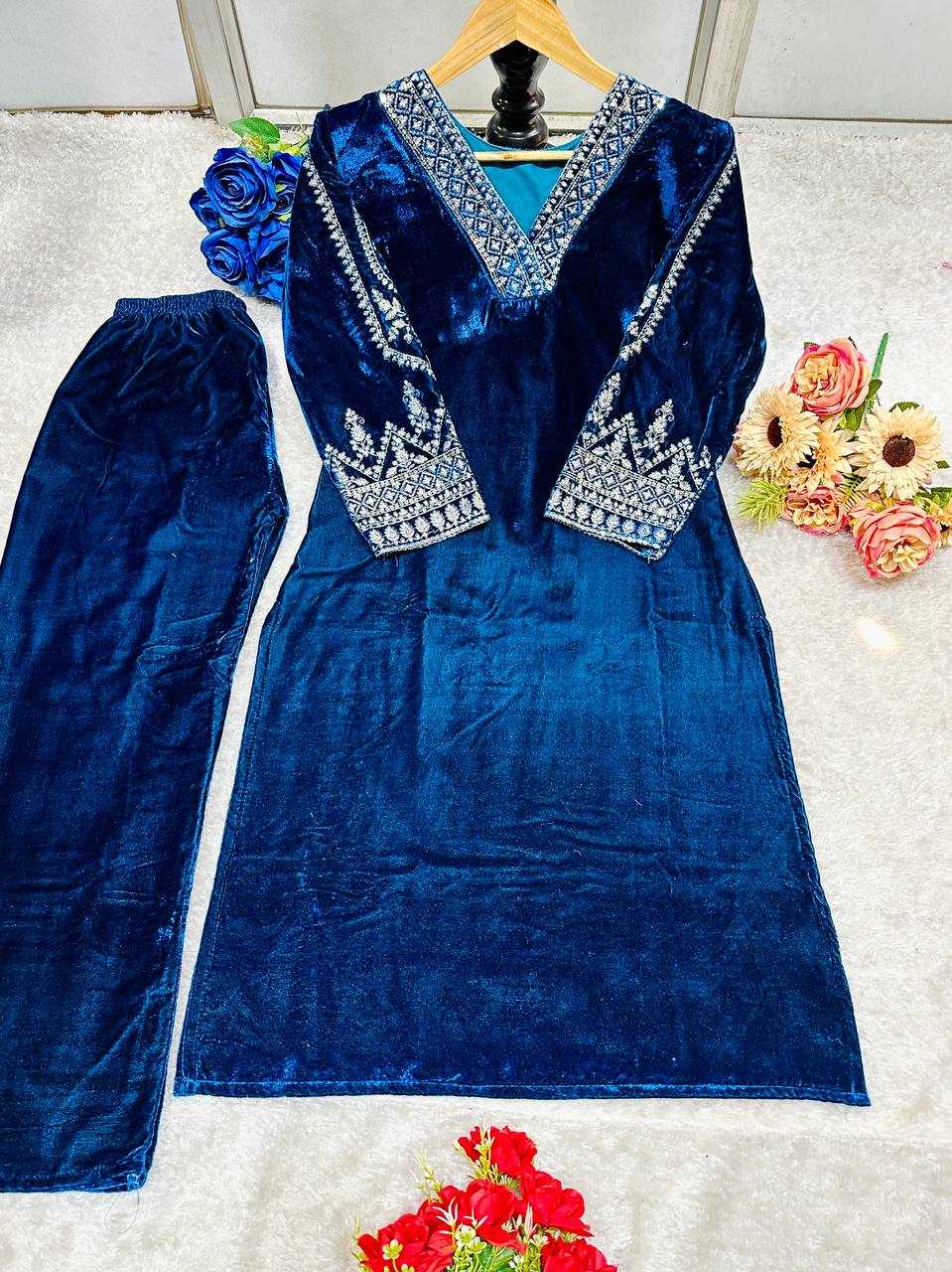 YNF VELVET KESH148 051 KURTIS WHOLESALE EMBROIDERED V NECK 3/4 SLEEVE KURTI WITH PANT BLUE KURTIS MANUFACTURER