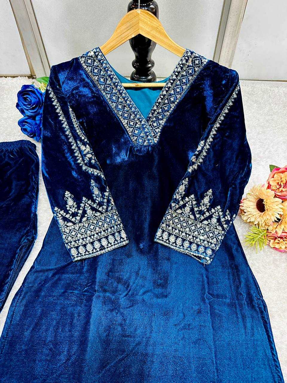 YNF VELVET KESH148 051 KURTIS WHOLESALE EMBROIDERED V NECK 3/4 SLEEVE KURTI WITH PANT BLUE KURTIS MANUFACTURER