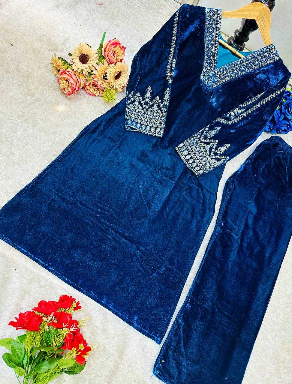 YNF VELVET KESH148 051 KURTIS WHOLESALE EMBROIDERED V NECK 3/4 SLEEVE KURTI WITH PANT BLUE KURTIS MANUFACTURER