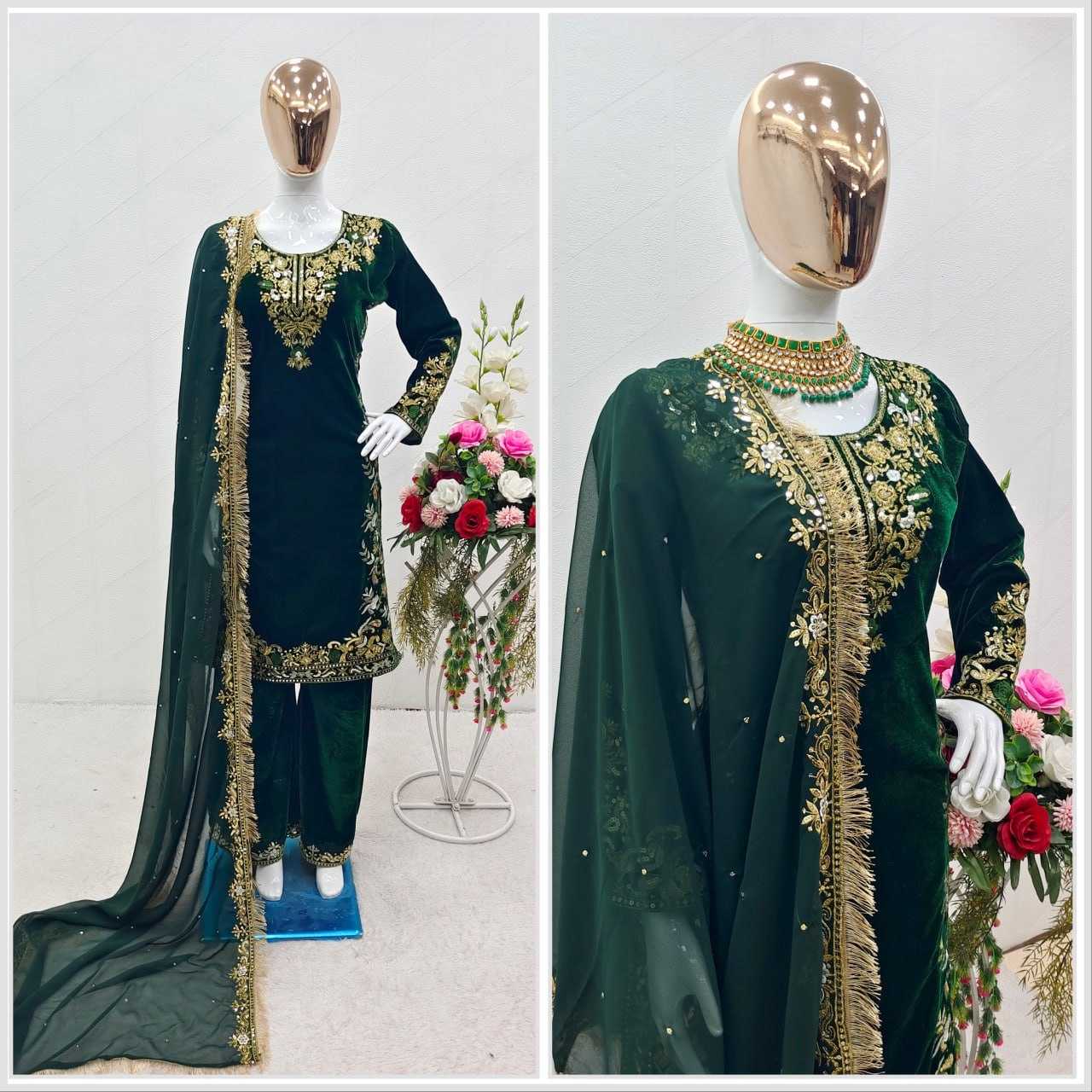 YNF VELVET KESH156 1032 SUITS & DRESSES WHOLESALE KASHMIRI VELVET EMBROIDERED LADIES SILK GREEN SALWAR SUITS MANUFACTURER