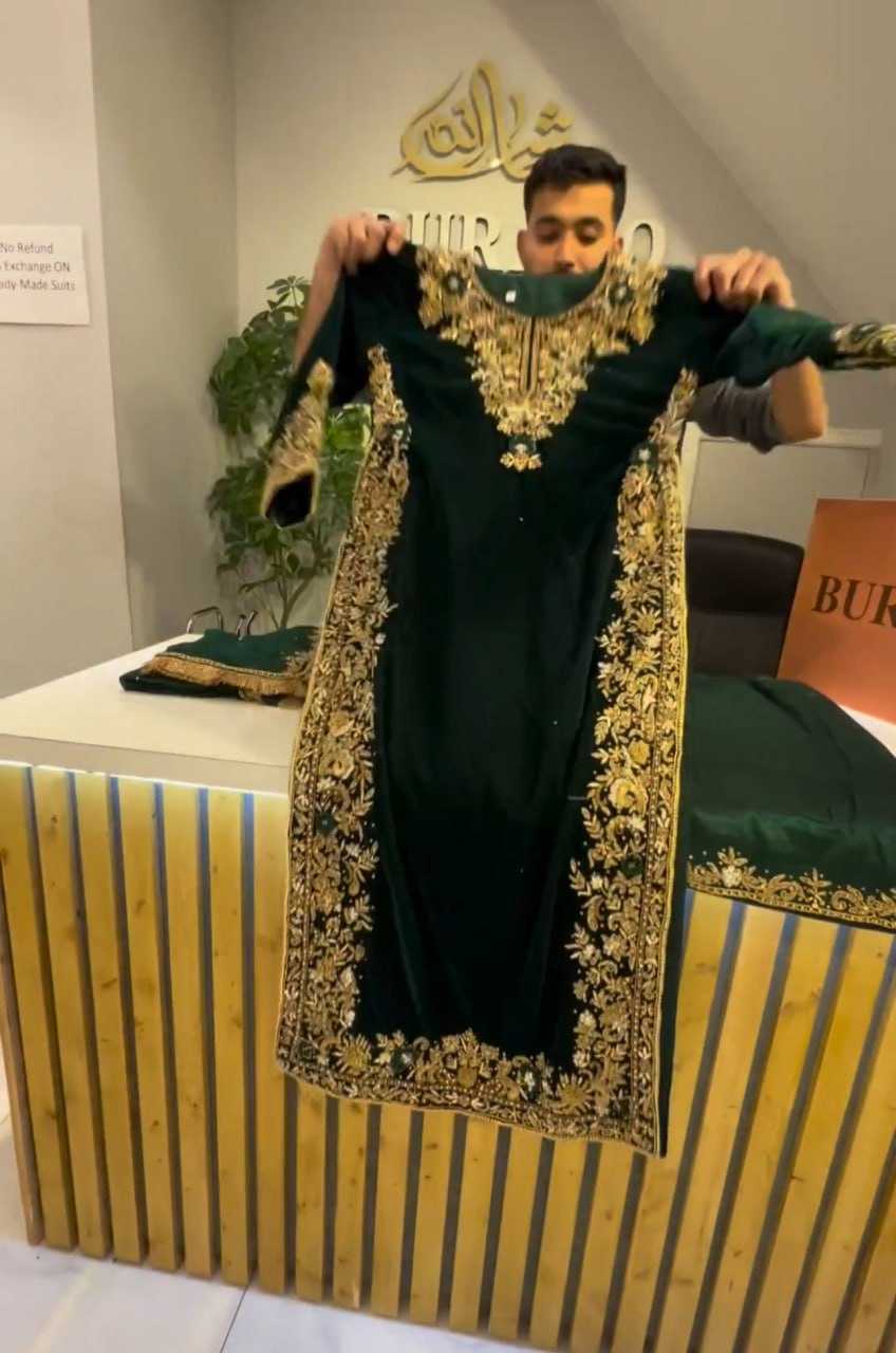 YNF VELVET KESH156 1032 SUITS & DRESSES WHOLESALE KASHMIRI VELVET EMBROIDERED LADIES SILK GREEN SALWAR SUITS MANUFACTURER