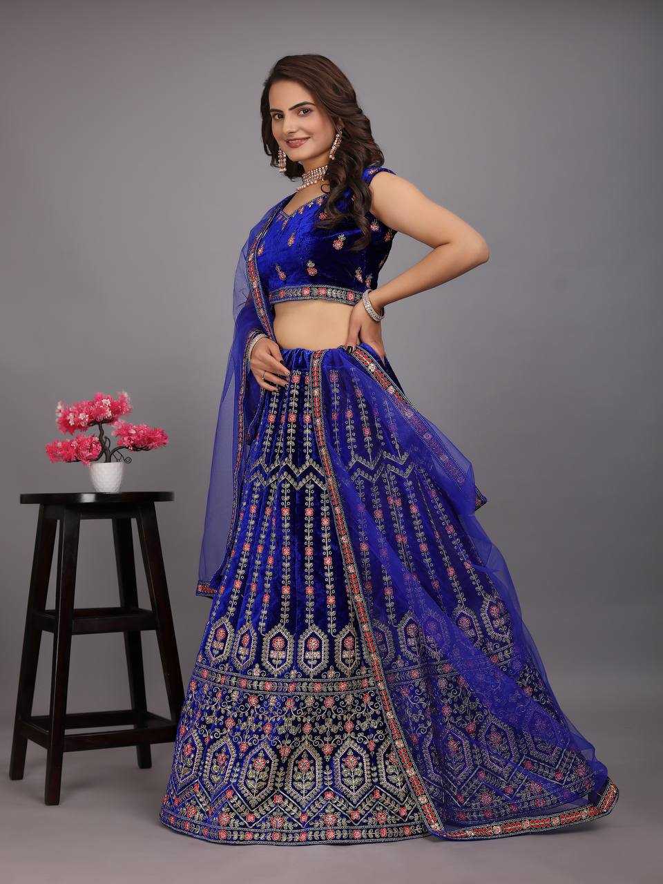 YNF VELVET KESH164 L48 LEHENGAS WHOLESALE DESIGENR VELVET WEDDING EMBROIDERED BLUE LEHENGAS MANUFACTURER