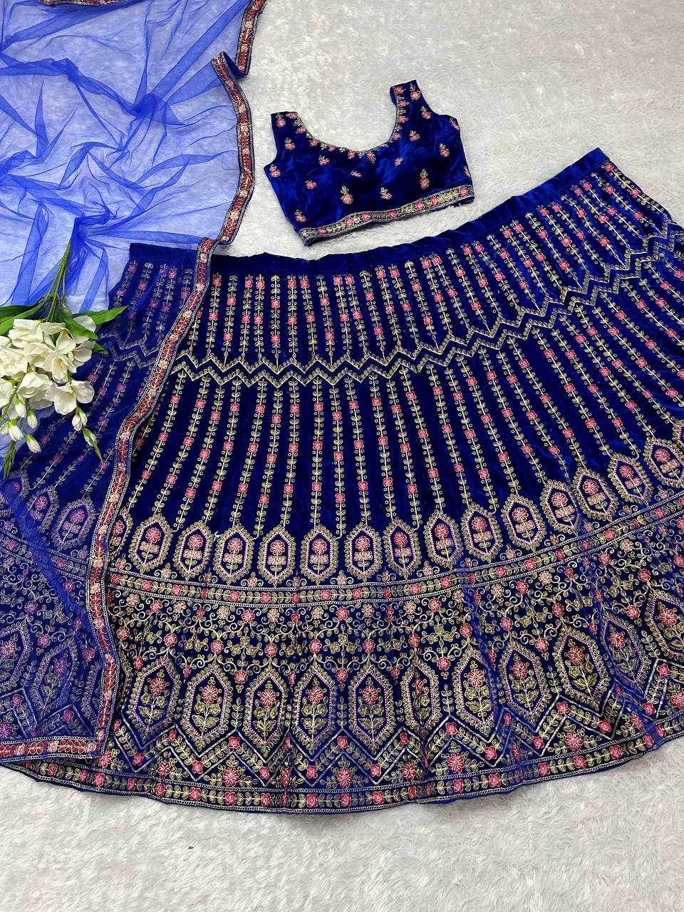 YNF VELVET KESH164 L48 LEHENGAS WHOLESALE DESIGENR VELVET WEDDING EMBROIDERED BLUE LEHENGAS MANUFACTURER