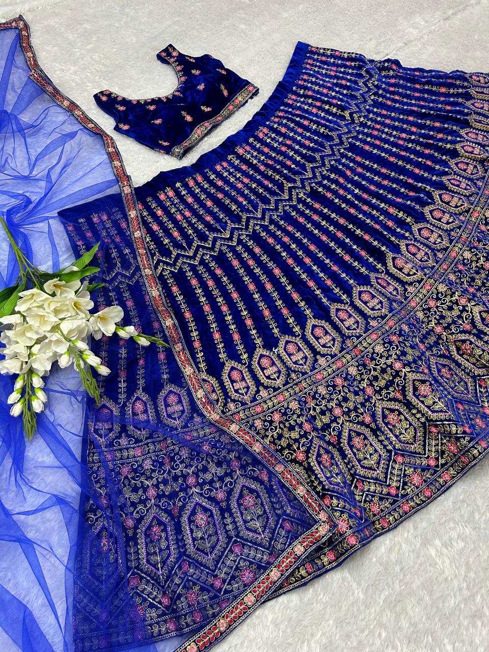 YNF VELVET KESH164 L48 LEHENGAS WHOLESALE DESIGENR VELVET WEDDING EMBROIDERED BLUE LEHENGAS MANUFACTURER