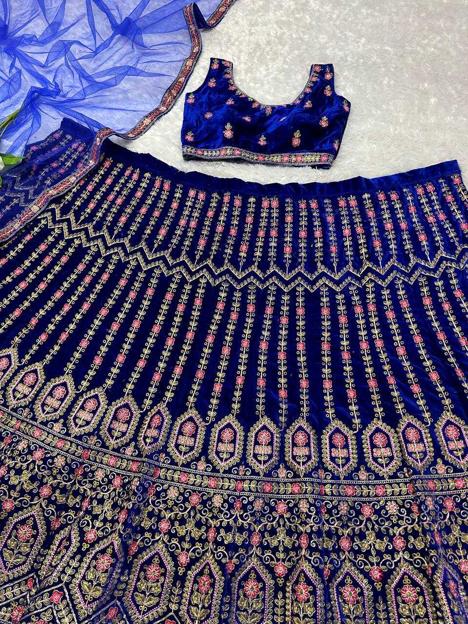 YNF VELVET KESH164 L48 LEHENGAS WHOLESALE DESIGENR VELVET WEDDING EMBROIDERED BLUE LEHENGAS MANUFACTURER