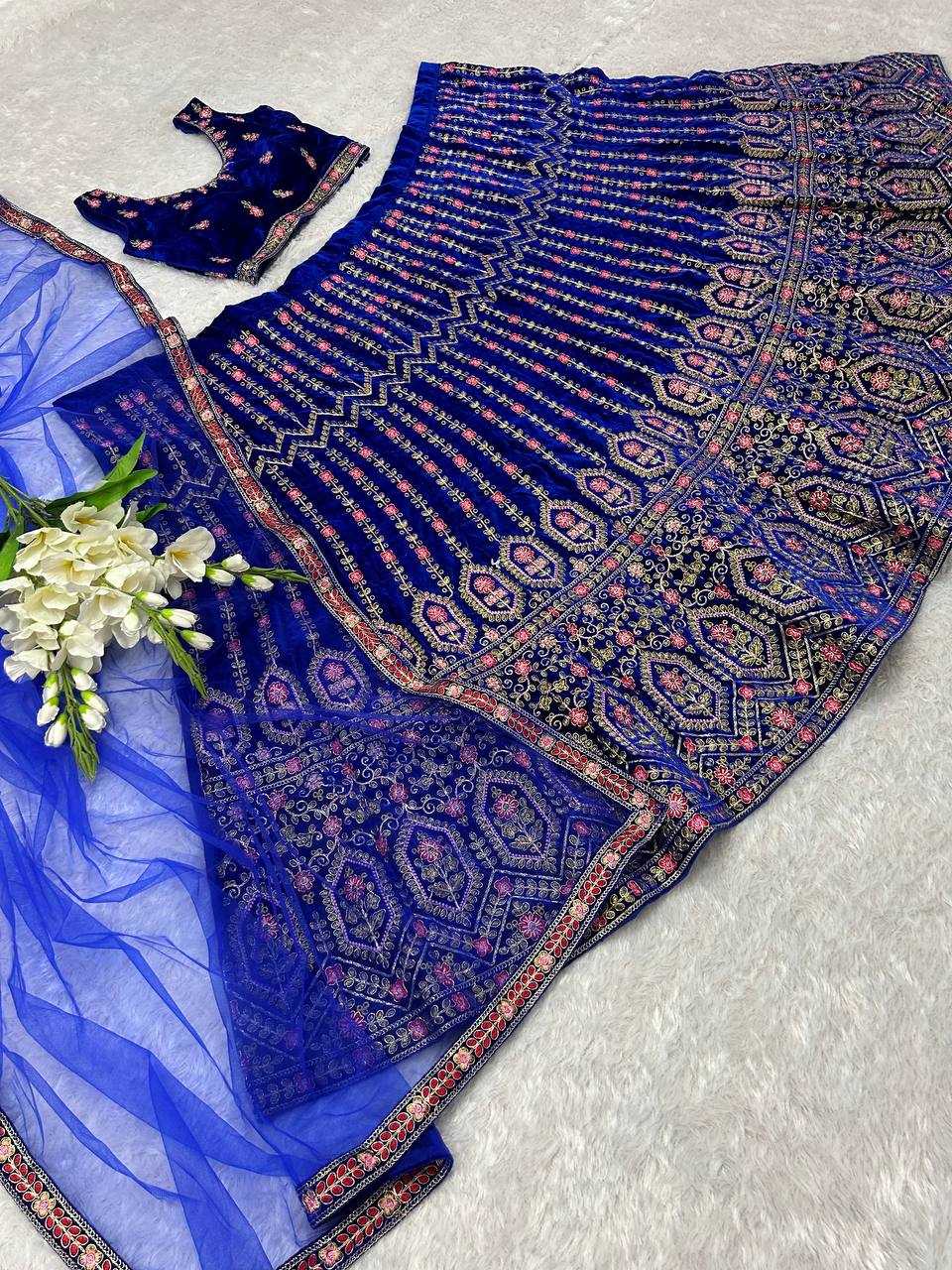 YNF VELVET KESH164 L48 LEHENGAS WHOLESALE DESIGENR VELVET WEDDING EMBROIDERED BLUE LEHENGAS MANUFACTURER