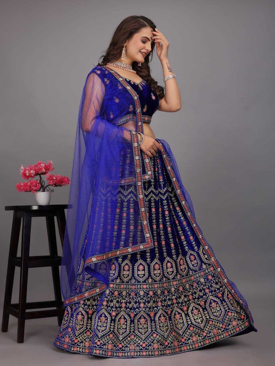 YNF VELVET KESH164 L48 LEHENGAS WHOLESALE DESIGENR VELVET WEDDING EMBROIDERED BLUE LEHENGAS MANUFACTURER