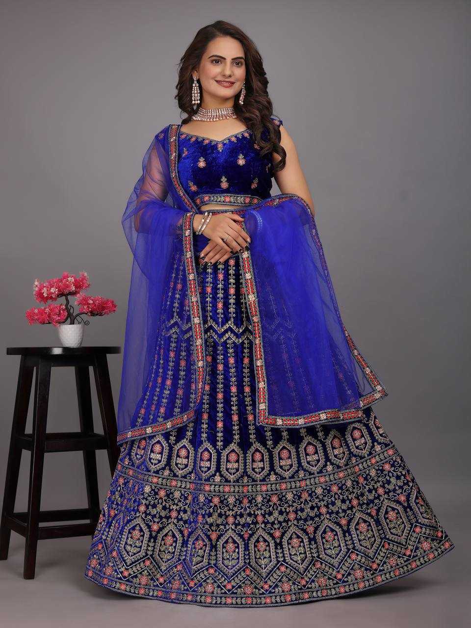 YNF VELVET KESH164 L48 LEHENGAS WHOLESALE DESIGENR VELVET WEDDING EMBROIDERED BLUE LEHENGAS MANUFACTURER