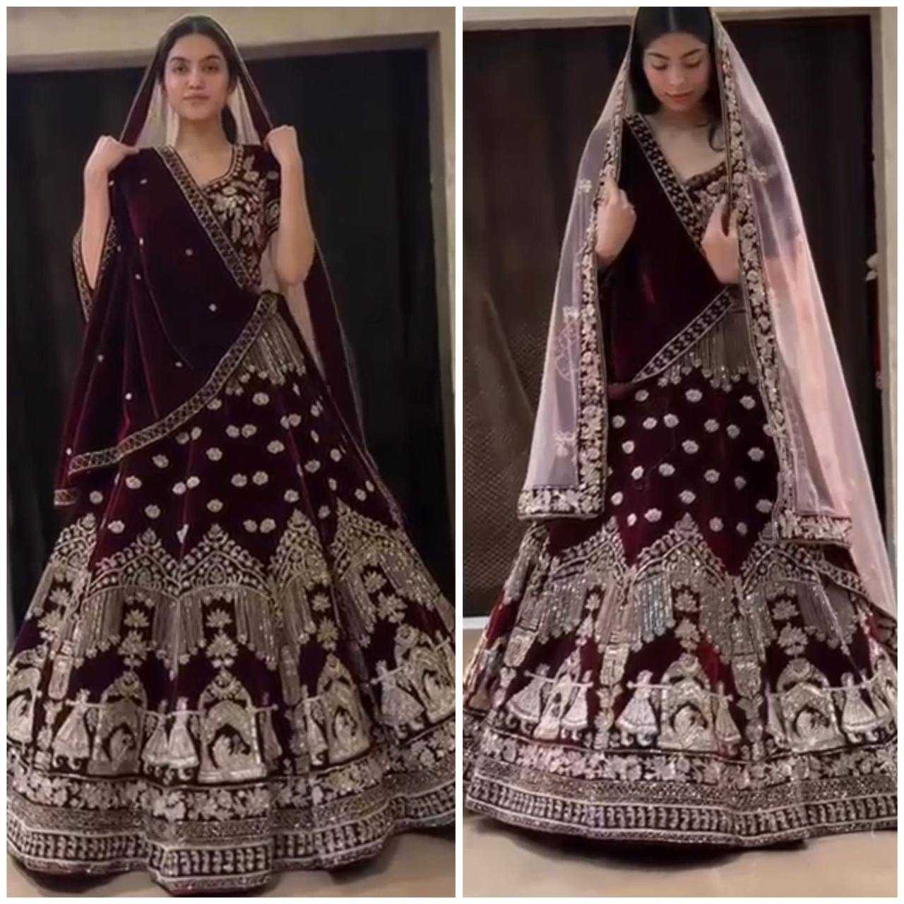 YNF VELVET RIN108 1685 LEHENGAS WHOLESALE DESIGNER BRIDAL EMBROIDERED VELVET SEQUINS LEHENGAS MANUFACTURER