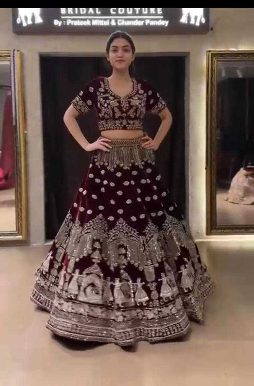 YNF VELVET RIN108 1685 LEHENGAS WHOLESALE DESIGNER BRIDAL EMBROIDERED VELVET SEQUINS LEHENGAS MANUFACTURER