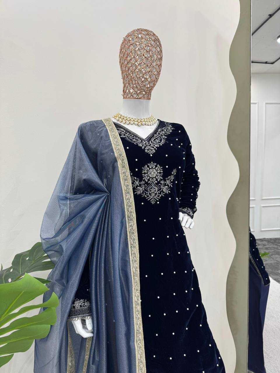 YNF VELVET RIN169 5771 SUITS & DRESSES WHOLESALE VELVET EMBROIDERY BLUE SALWAR LONG KURTI SUITS MANUFACTURE