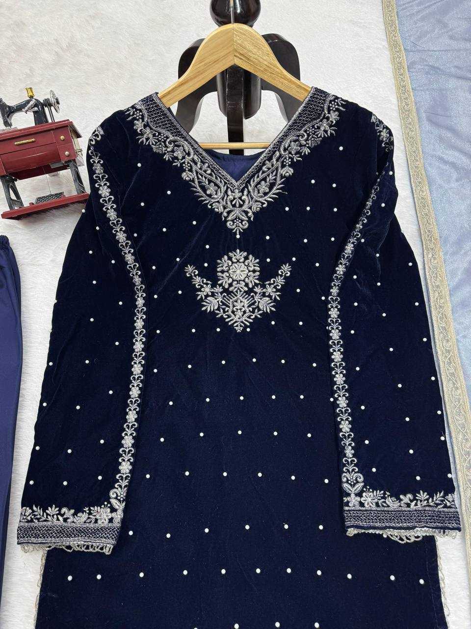 YNF VELVET RIN169 5771 SUITS & DRESSES WHOLESALE VELVET EMBROIDERY BLUE SALWAR LONG KURTI SUITS MANUFACTURE