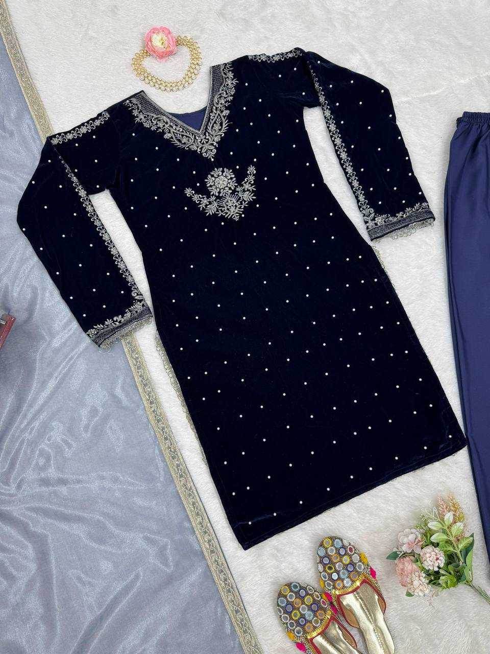 YNF VELVET RIN169 5771 SUITS & DRESSES WHOLESALE VELVET EMBROIDERY BLUE SALWAR LONG KURTI SUITS MANUFACTURE