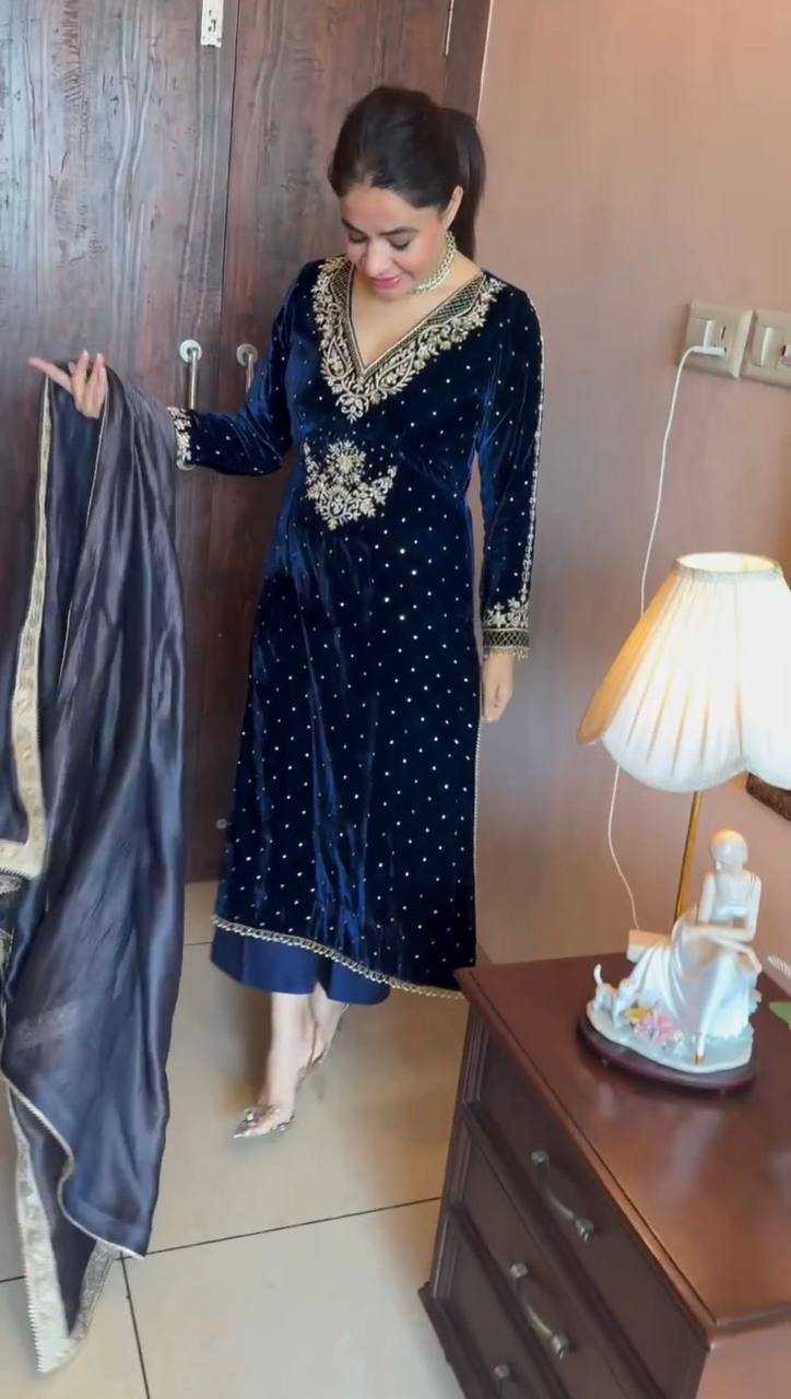 YNF VELVET RIN169 5771 SUITS & DRESSES WHOLESALE VELVET EMBROIDERY BLUE SALWAR LONG KURTI SUITS MANUFACTURE