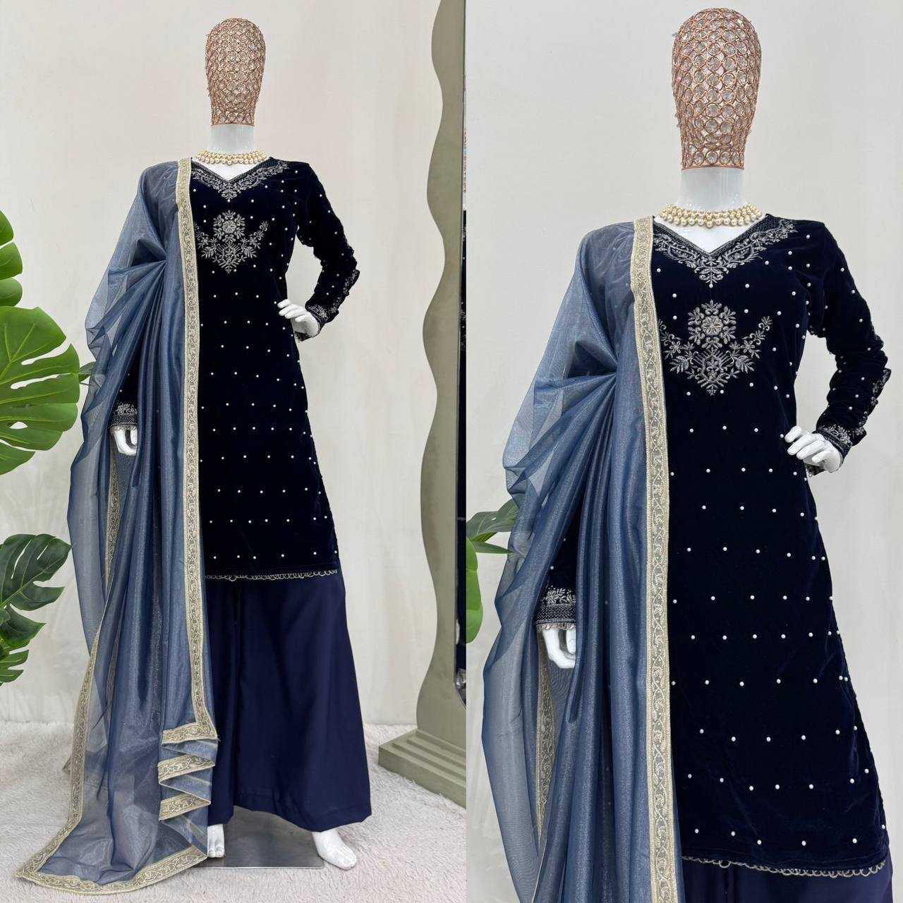 YNF VELVET RIN169 5771 SUITS & DRESSES WHOLESALE VELVET EMBROIDERY BLUE SALWAR LONG KURTI SUITS MANUFACTURE