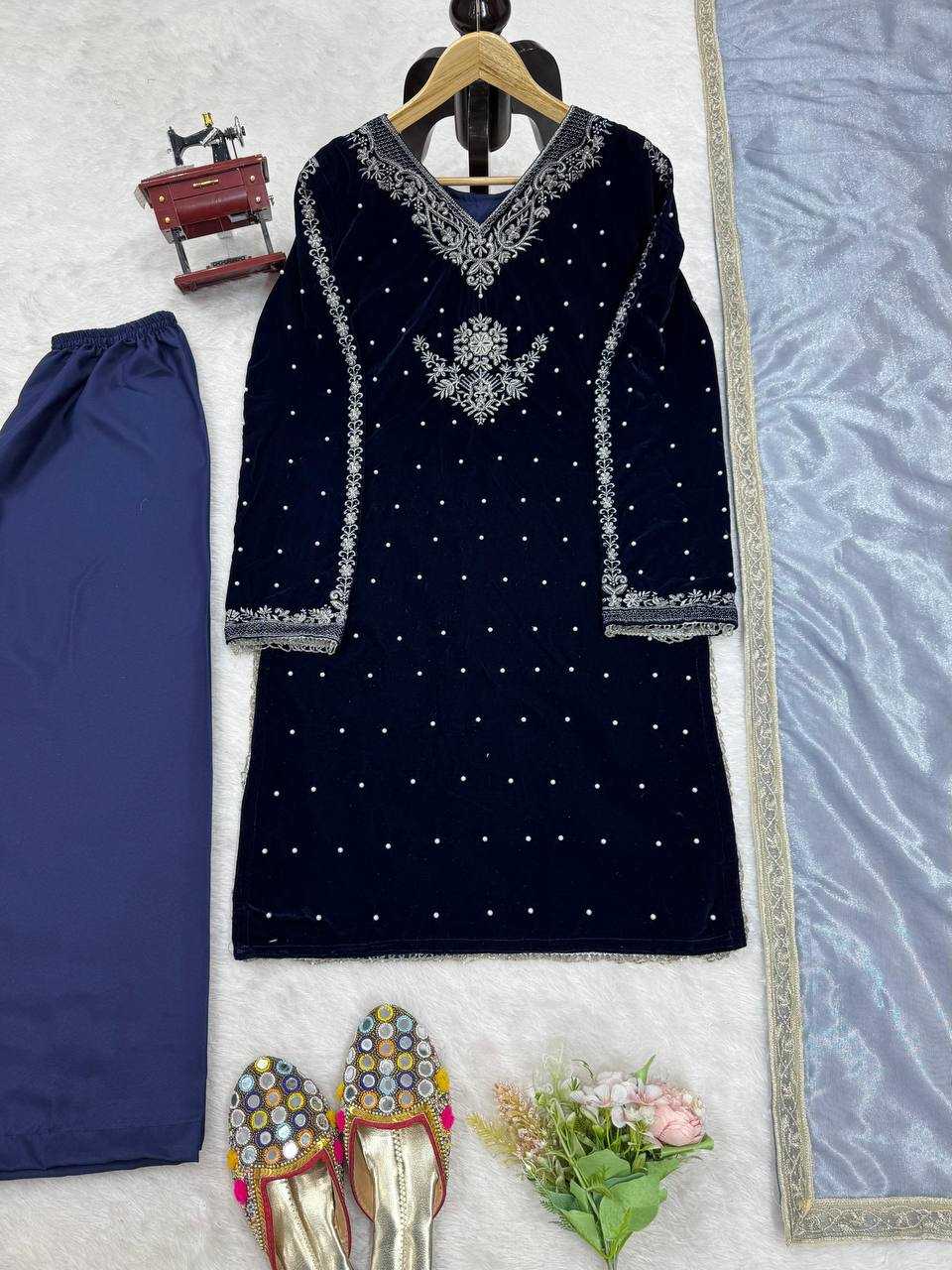 YNF VELVET RIN169 5771 SUITS & DRESSES WHOLESALE VELVET EMBROIDERY BLUE SALWAR LONG KURTI SUITS MANUFACTURE