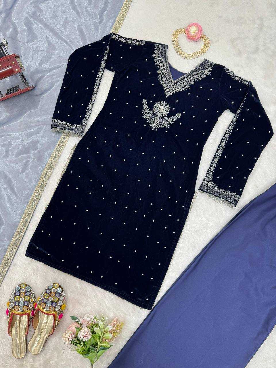 YNF VELVET RIN169 5771 SUITS & DRESSES WHOLESALE VELVET EMBROIDERY BLUE SALWAR LONG KURTI SUITS MANUFACTURE