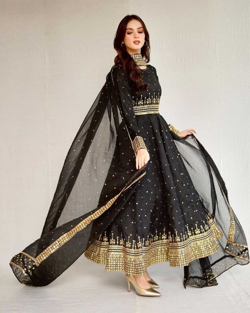 YNF VICHITRA SILK KESH208 077 GOWNS WHOLESALE EMBROIDERY ANARKALI LONG SILK FULL SLEEVE BLACK GOWNS MANUFACTURER