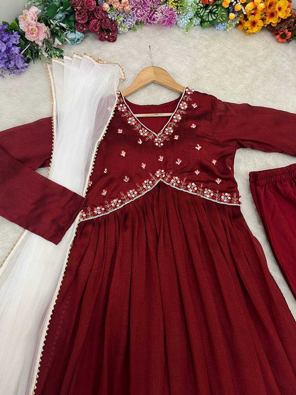 YNF VICHITRA SILK KESH240 392 GOWNS WHOLESALE MAROON SILK ANARKALI GOWNS MANUFACTURER