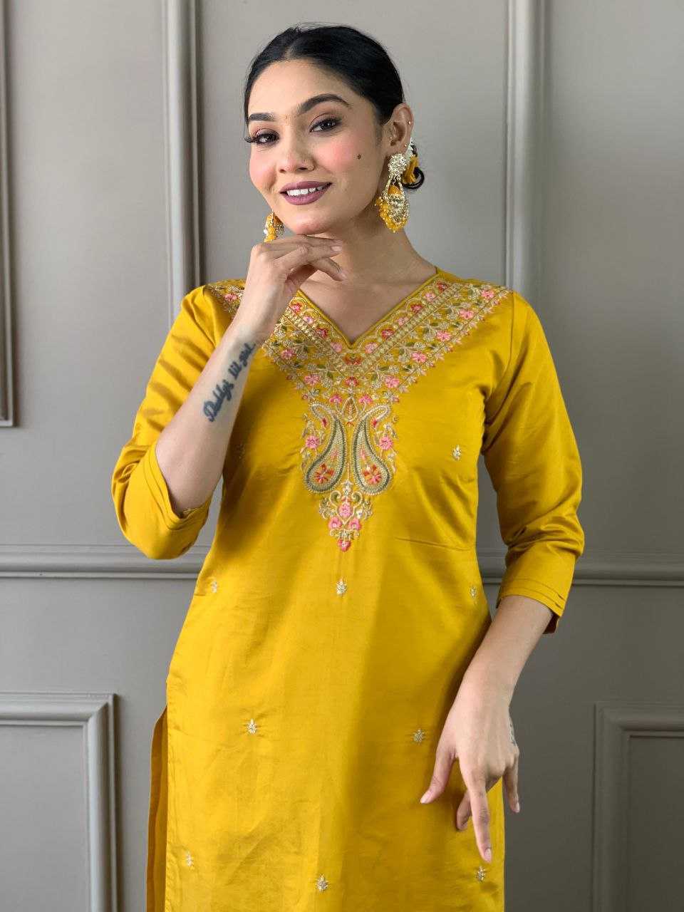 YNF VISCOSE CHANDERI KESH214 275 SUITS & DRESSES WHOLESALE LADIES CHANDERI LONG KURTI YELLOW SALWAR SUITS MANUFACTURE