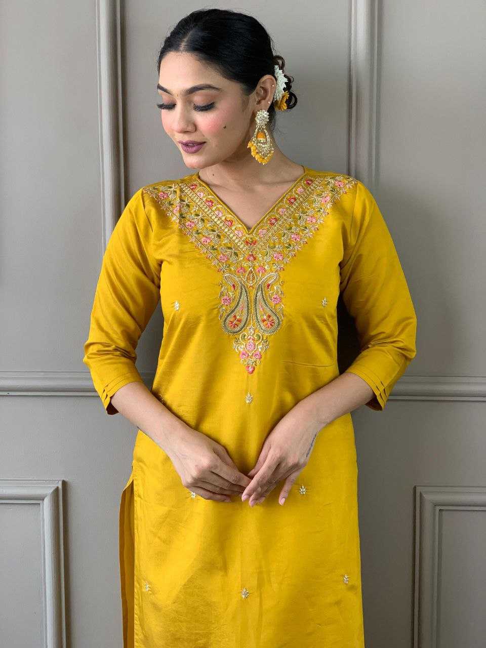 YNF VISCOSE CHANDERI KESH214 275 SUITS & DRESSES WHOLESALE LADIES CHANDERI LONG KURTI YELLOW SALWAR SUITS MANUFACTURE