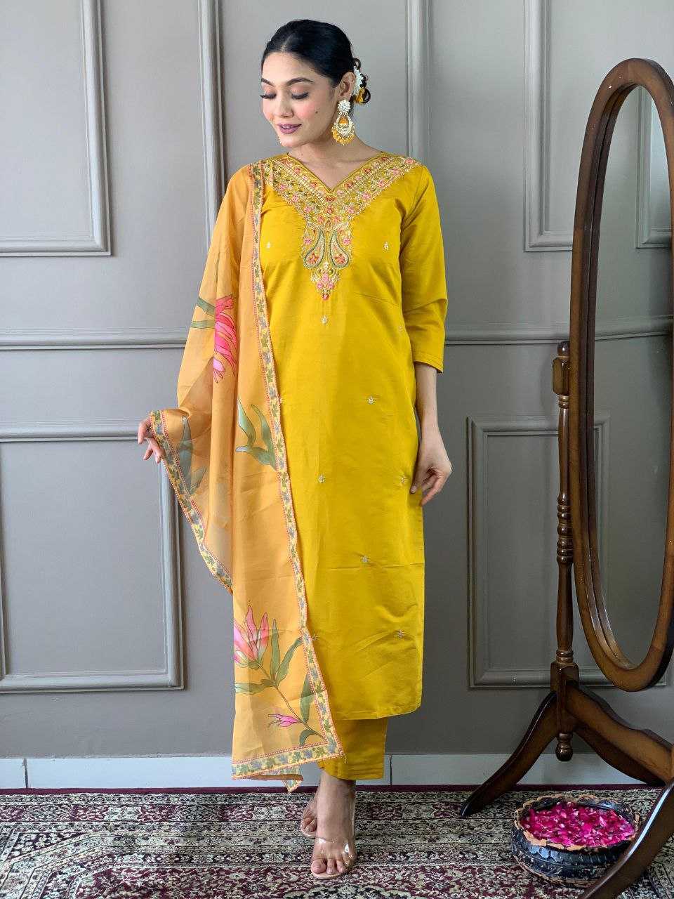 YNF VISCOSE CHANDERI KESH214 275 SUITS & DRESSES WHOLESALE LADIES CHANDERI LONG KURTI YELLOW SALWAR SUITS MANUFACTURE