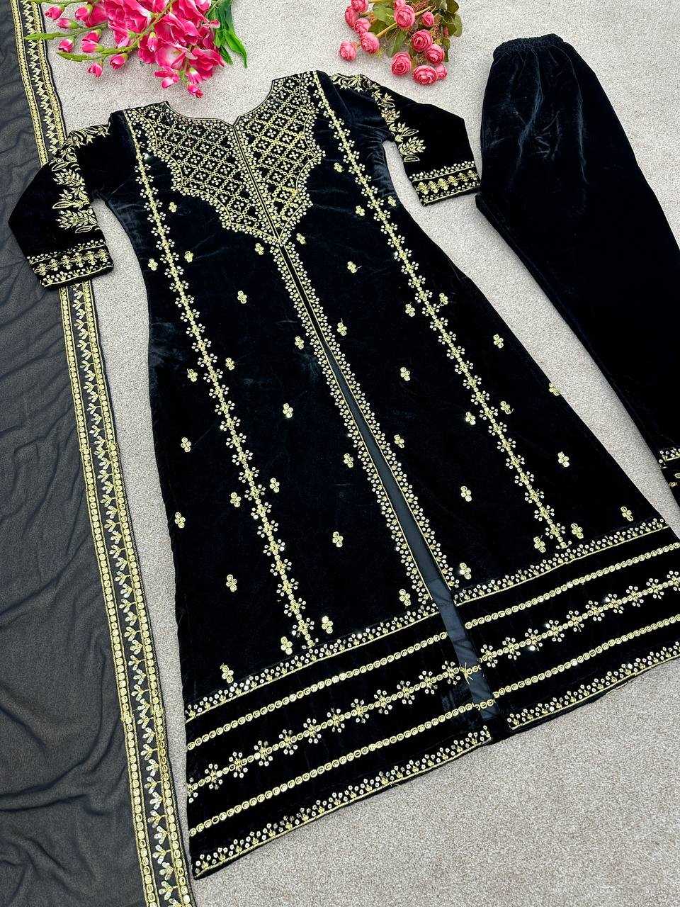 YNF VISCOSE KESH123 5098 SUITS & DRESSES ISLAMIC CLOTHING WHOLESALE PAKISTANI VELVET EMBROIDERED BLACK SALWAR SUITS MANUFACTURER