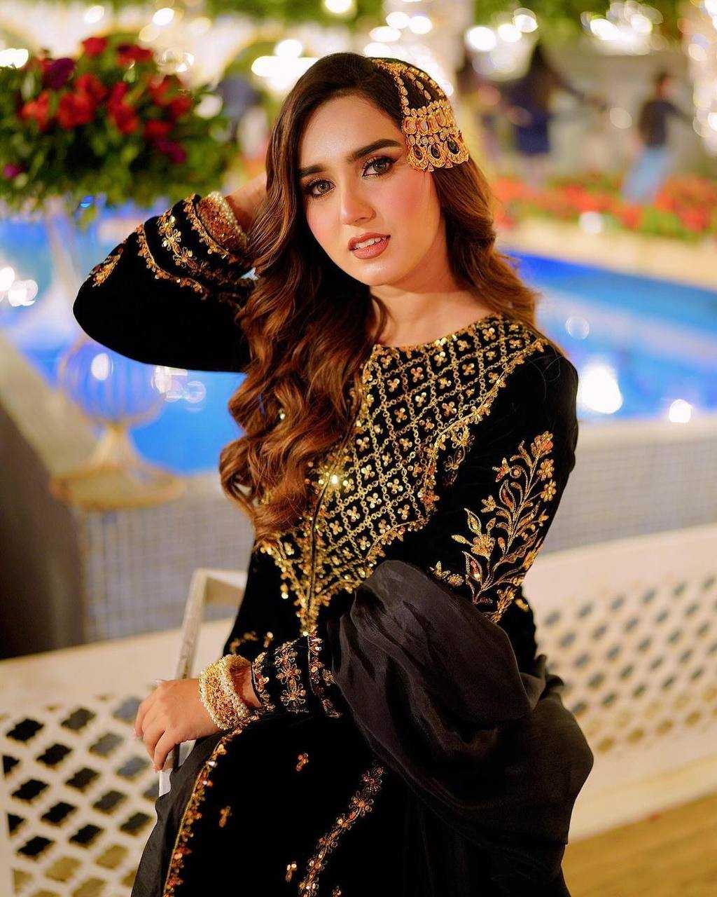 YNF VISCOSE KESH123 5098 SUITS & DRESSES ISLAMIC CLOTHING WHOLESALE PAKISTANI VELVET EMBROIDERED BLACK SALWAR SUITS MANUFACTURER