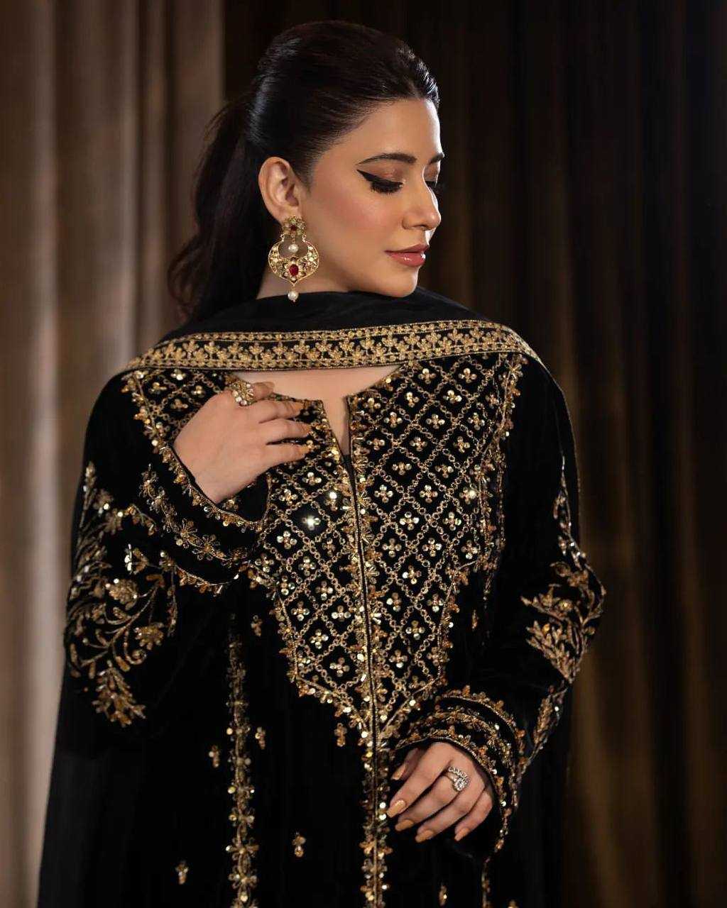 YNF VISCOSE KESH123 5098 SUITS & DRESSES ISLAMIC CLOTHING WHOLESALE PAKISTANI VELVET EMBROIDERED BLACK SALWAR SUITS MANUFACTURER