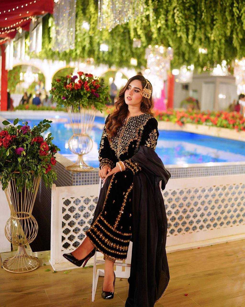 YNF VISCOSE KESH123 5098 SUITS & DRESSES ISLAMIC CLOTHING WHOLESALE PAKISTANI VELVET EMBROIDERED BLACK SALWAR SUITS MANUFACTURER