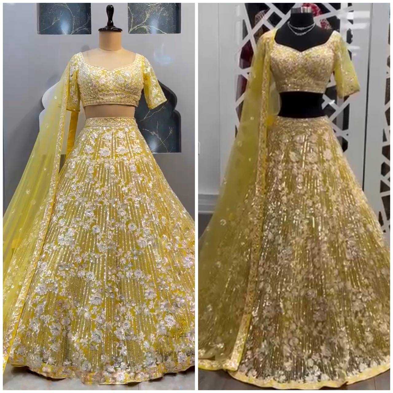 YNF BUTTERFLY NET RIN108 1694 LEHENGAS WHOLESALE BIRIDAL DESIGNER YELLOW HALDI OUTFITS LEHENGAS MANUFACTURER