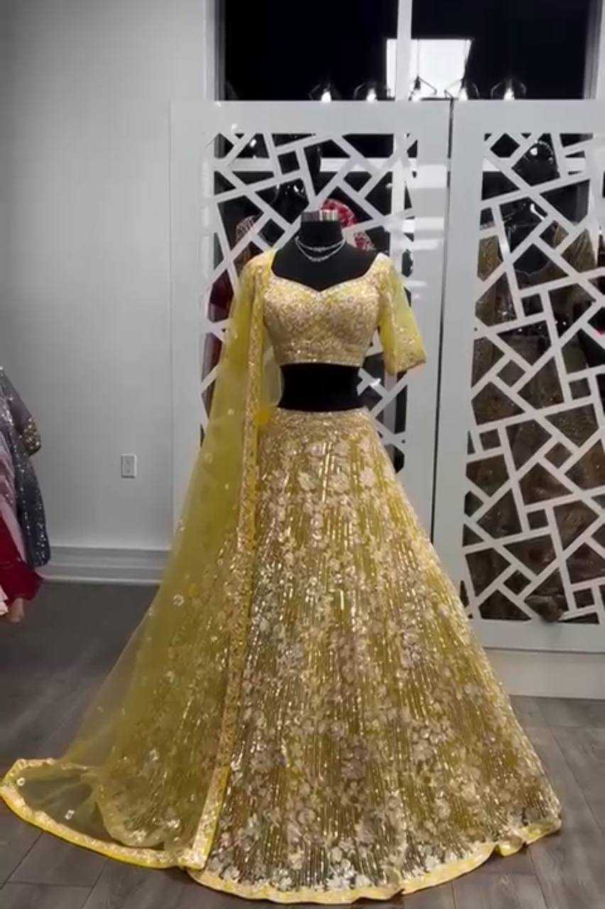 YNF BUTTERFLY NET RIN108 1694 LEHENGAS WHOLESALE BIRIDAL DESIGNER YELLOW HALDI OUTFITS LEHENGAS MANUFACTURER