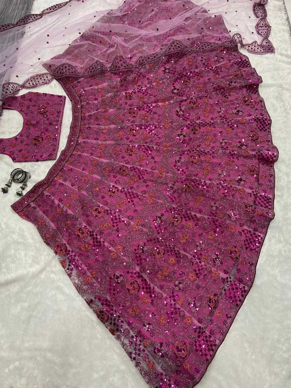 YNF BUTTERFLY NET RIN121 1002 LEHENGAS WHOLESALE EMBROIDERED DESIGNER NET FANCY SEQUNIS PINK LEHENGAS MANUFACTURER